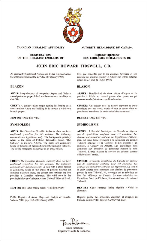 Letters patent registering the heraldic emblems of John Eric Howard Tidswell