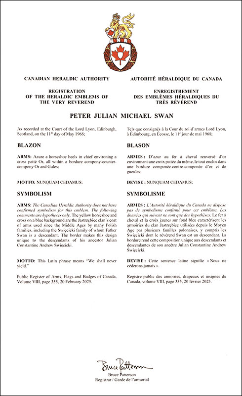 Arms of Peter Julian Michael Swan