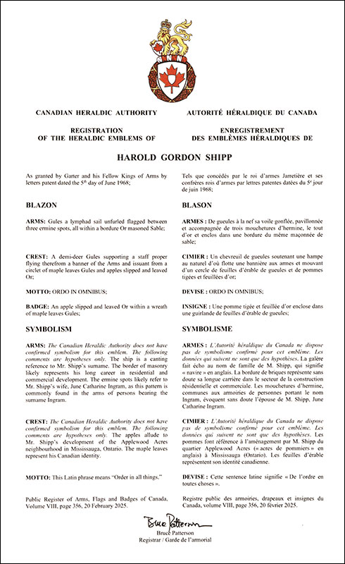 Letters patent registering the heraldic emblems of Harold Gordon Shipp