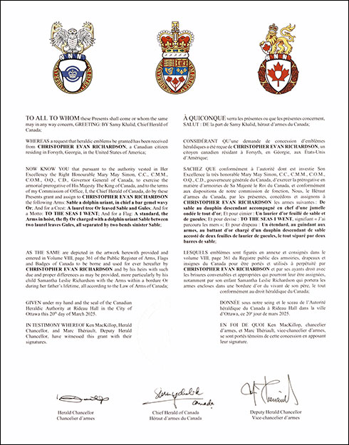 Letters patent granting heraldic emblems to Christopher Evan Richardson