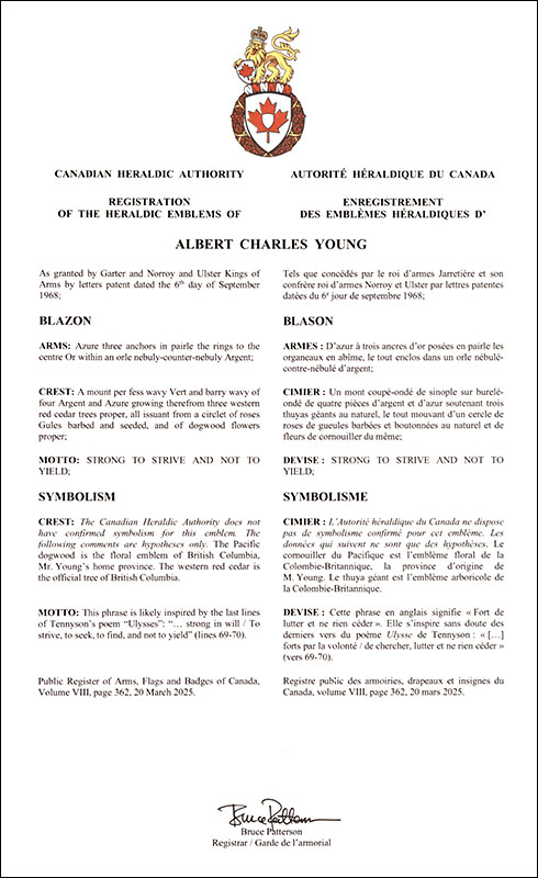 Letters patent registering the heraldic emblems of Albert Charles Young