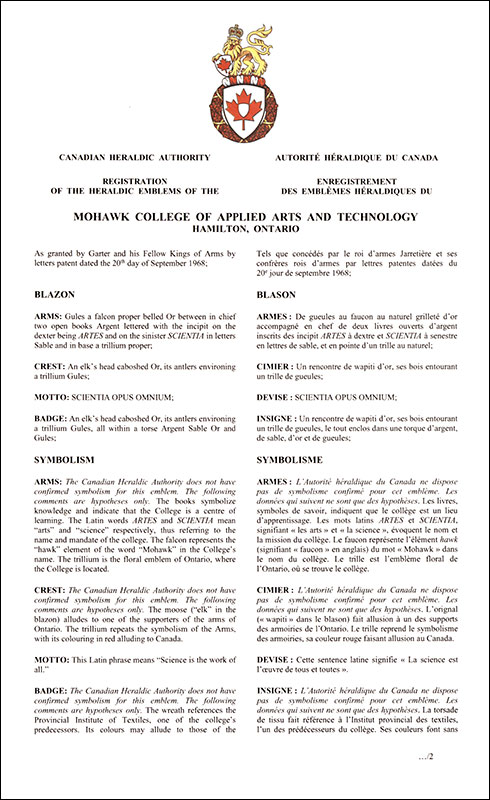 Letters patent registering the heraldic emblems of the Mohawk College of Applied Arts and Technology
