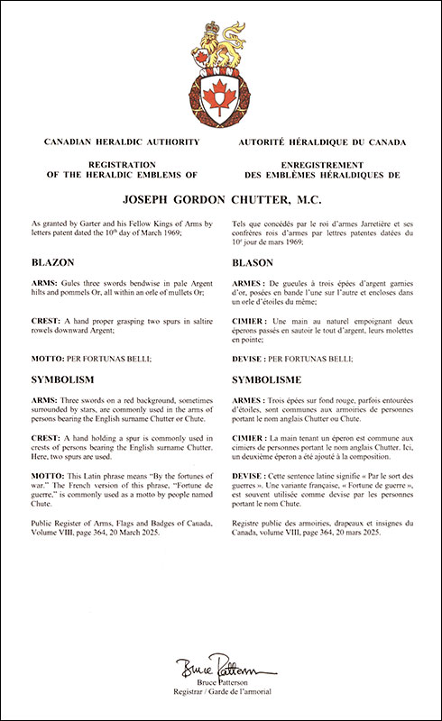 Letters patent registering the heraldic emblems of Joseph Gordon Chutter