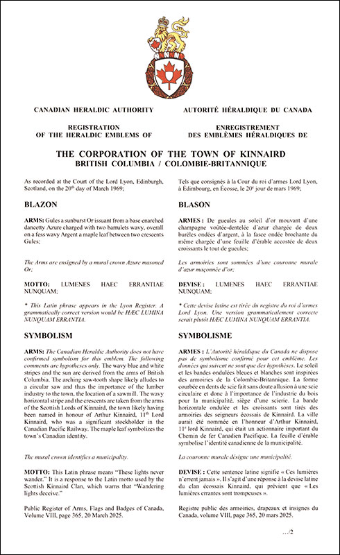 Arms of The Corporation of the Town of Kinnaird