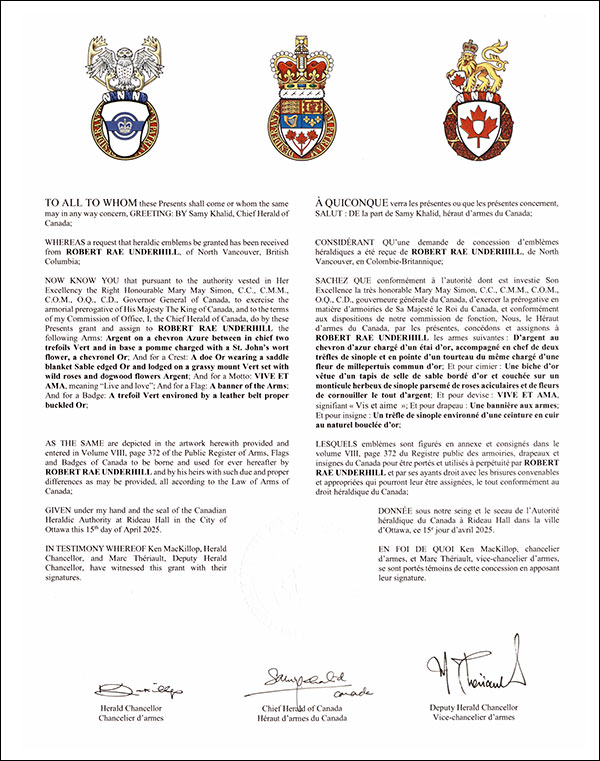 Letters patent granting heraldic emblems to Robert Rae Underhill