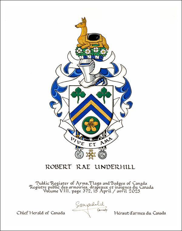 Letters patent granting heraldic emblems to Robert Rae Underhill