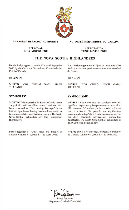Letters patent approving the heraldic emblems of The Nova Scotia Highlanders
