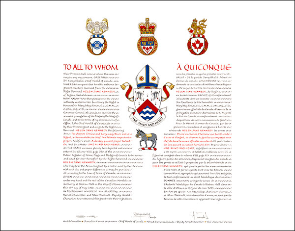 Letters patent granting heraldic emblems to Helen Jane Kennedy