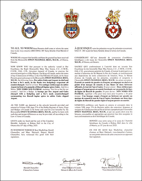 Letters patent granting heraldic emblems to Owen Maxwell Rees