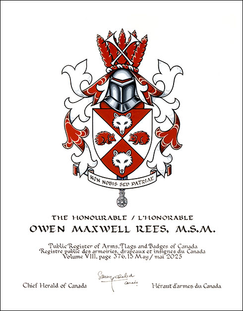 Letters patent granting heraldic emblems to Owen Maxwell Rees