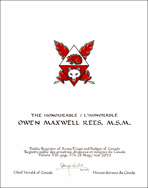 Letters patent granting heraldic emblems to Owen Maxwell Rees