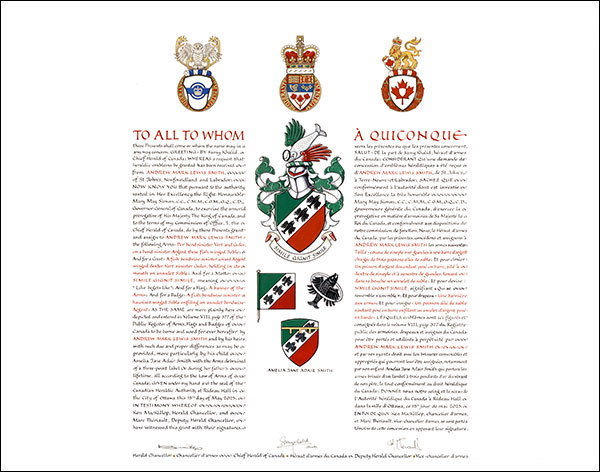 Letters patent granting heraldic emblems to Andrew Mark Lewis Smith