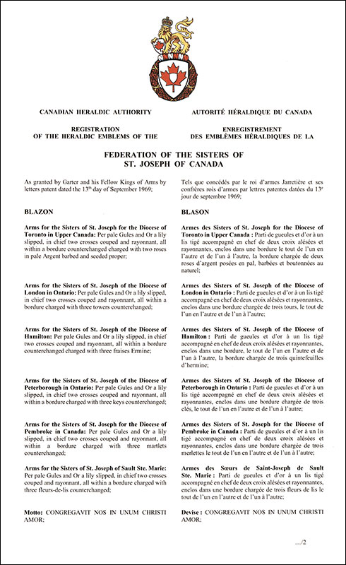 Letters patent registering the heraldic emblems of the Federation of the Sisters of St. Joseph of Canada