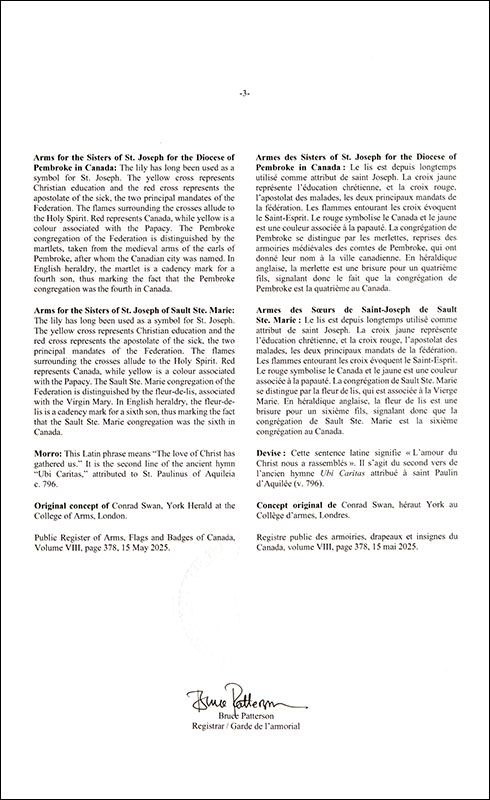 Letters patent registering the heraldic emblems of the Federation of the Sisters of St. Joseph of Canada