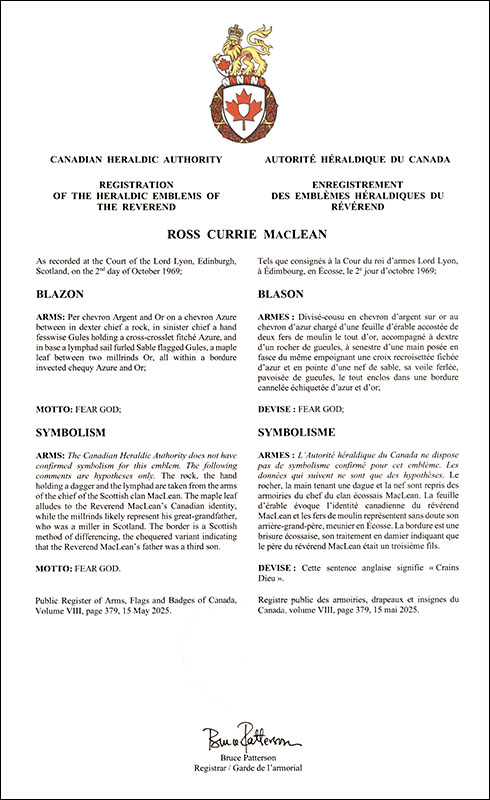 Letters patent registering the heraldic emblems of Ross Currie MacLean