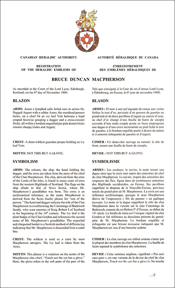 Arms of Bruce Duncan Macpherson