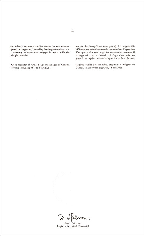 Letters patent registering the heraldic emblems of Bruce Duncan Macpherson