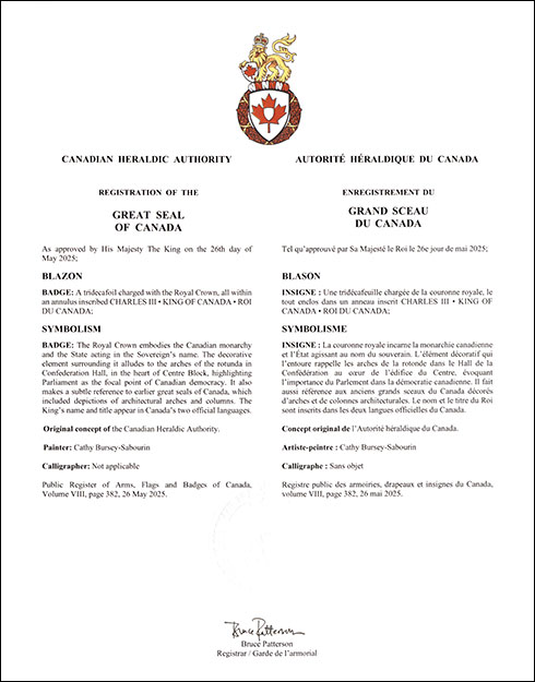 Letters patent registering the Great Seal of Canada