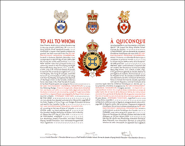 Letters patent granting heraldic emblems to the BC Law Enforcement Memorial Foundation