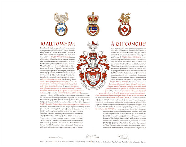 Letters patent granting heraldic emblems to Riley James Parker