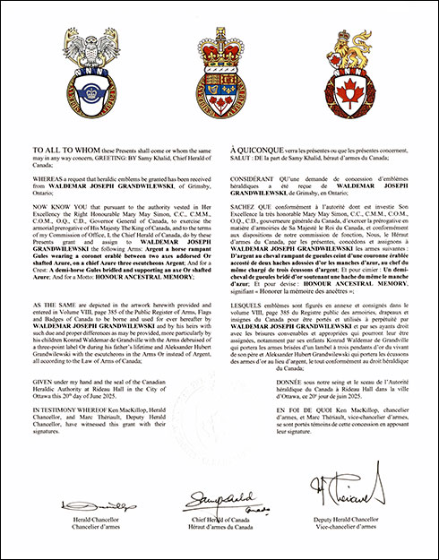 Letters patent granting heraldic emblems to Waldemar Joseph Grandwilewski