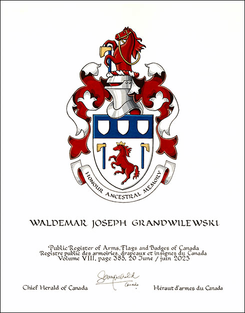 Letters patent granting heraldic emblems to Waldemar Joseph Grandwilewski