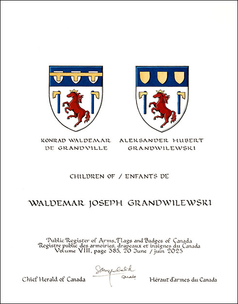 Letters patent granting heraldic emblems to Waldemar Joseph Grandwilewski