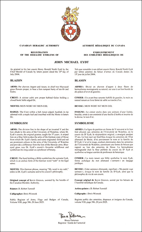 Letters patent registering the heraldic emblems of John Michael Eydt