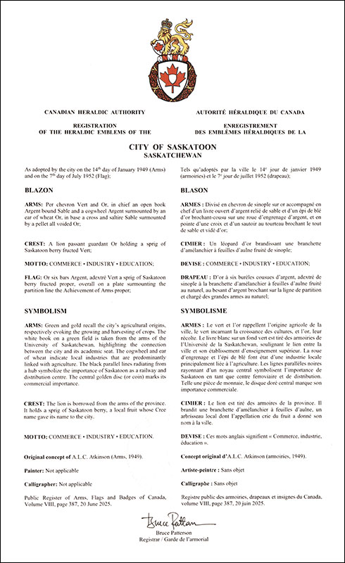 Letters patent registering the heraldic emblems of the City of Saskatoon