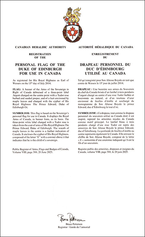 Letters patent confirming the personal flag of The Duke of Edinburgh for use in Canada