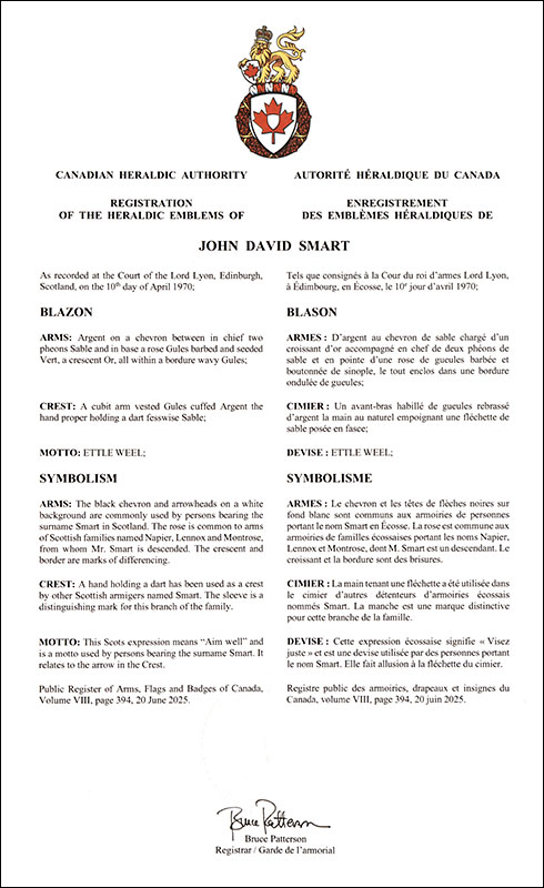 Arms of John David Smart