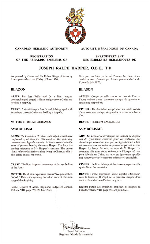 Letters patent registering the heraldic emblems of Joseph Ralph Harper