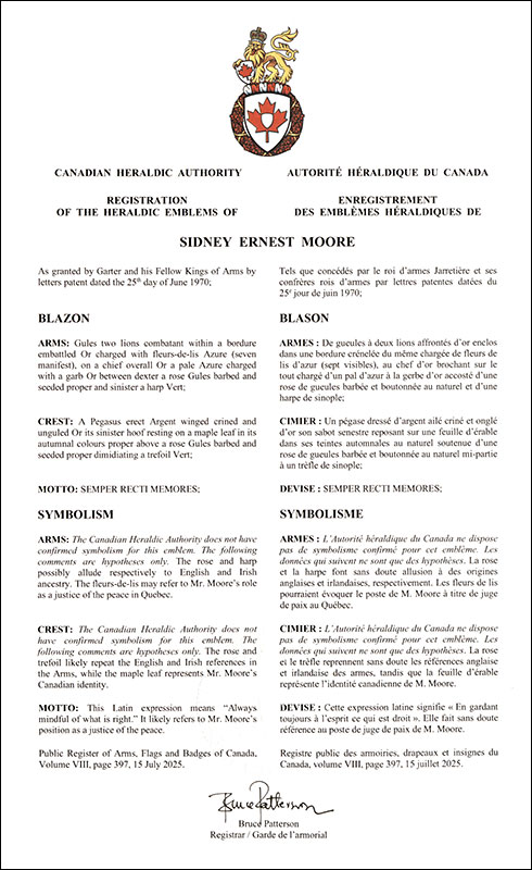 Letters patent registering the heraldic emblems of Sidney Ernest Moore