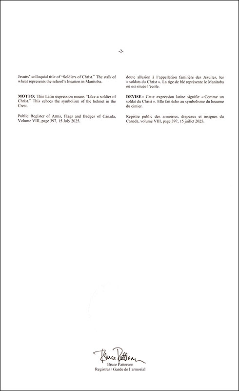 Letters patent registering the heraldic emblems of St. Paul's High School