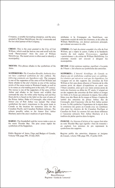 Letters patent registering the heraldic emblems of the City of Thunder Bay