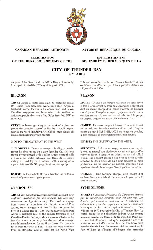 Letters patent registering the heraldic emblems of the City of Thunder Bay