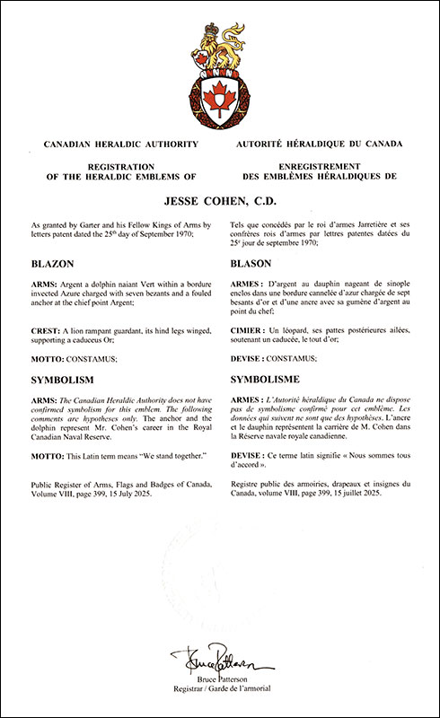 Letters patent registering the heraldic emblems of Jesse Cohen