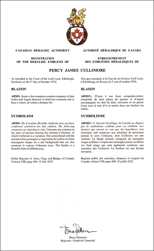 Arms of Percy James Cullimore
