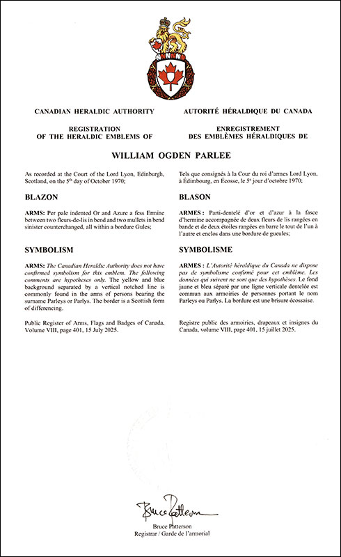 Arms of William Ogden Parlee
