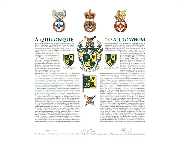 Lettres patentes concédant des emblèmes héraldiques à Sylvain Fortin