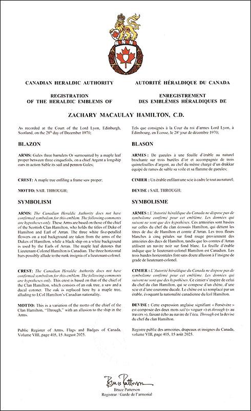Arms of Zachary Macaulay Hamilton