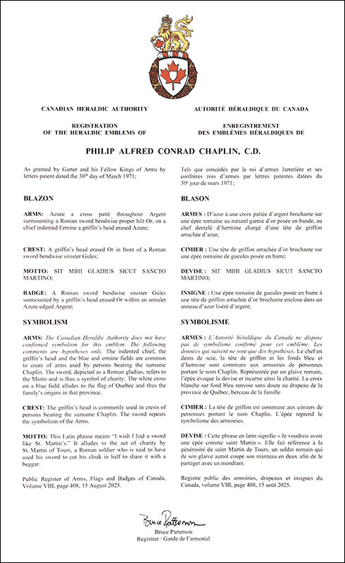 Letters patent registering the heraldic emblems of Philip Alfred Conrad Chaplin