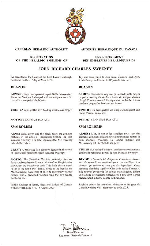 Arms of John Richard Charles Sweeney