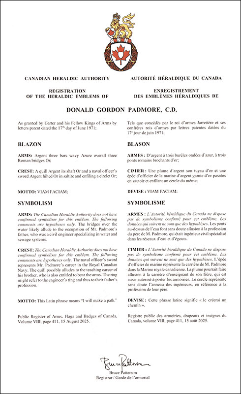 Lettres patentes enregistrant les emblèmes héraldiques de Donald Gordon Padmore