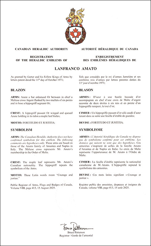 Letters patent registering the heraldic emblems of Lanfranco Amato
