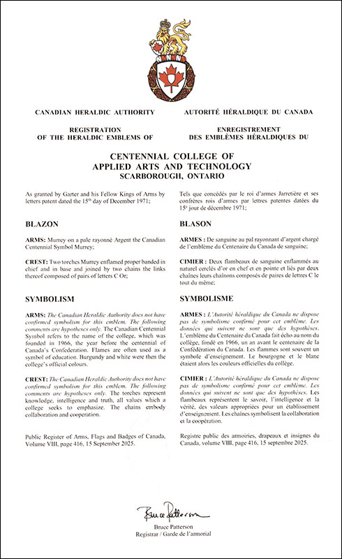 Lettres patentes enregistrant les emblèmes héraldiques du Centennial College of Applied Arts and Technology