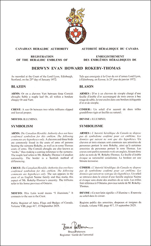 Arms of Derwyn Evan Howard Rokeby-Thomas