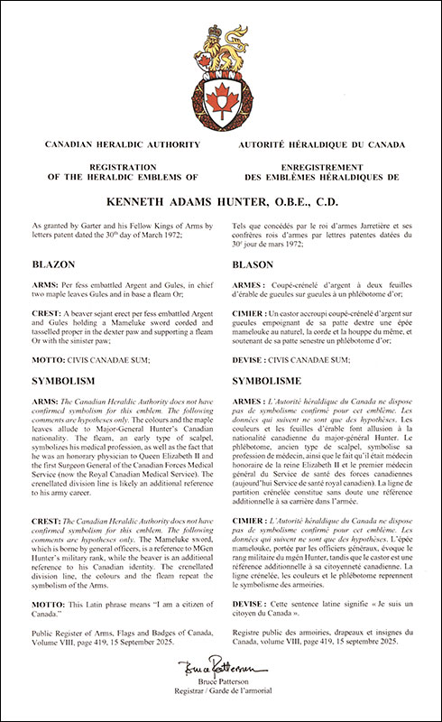 Lettres patentes enregistrant les emblèmes héraldiques de Kenneth Adams Hunter