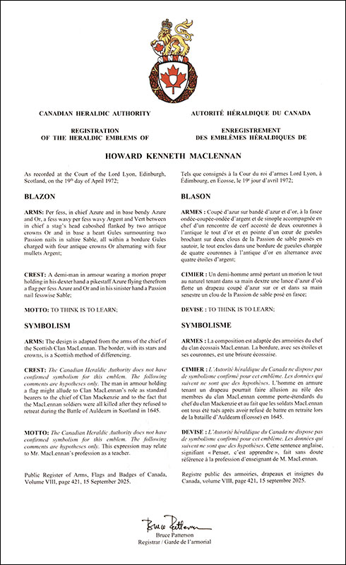 Arms of Howard Kenneth MacLennan