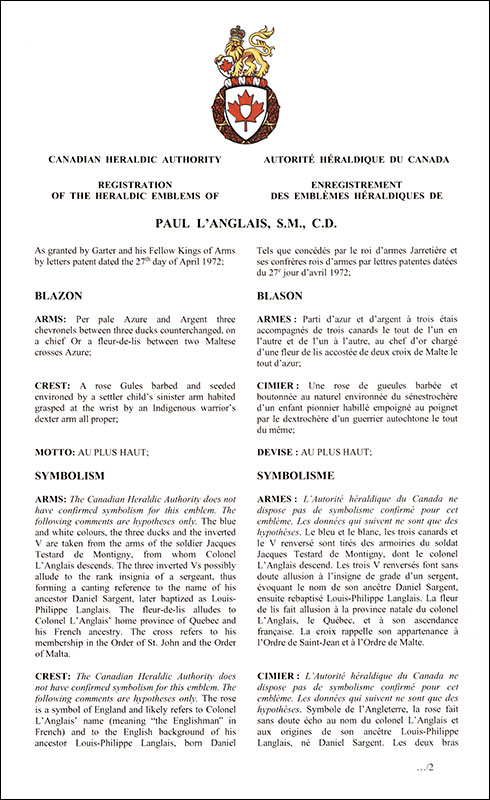 Lettres patentes enregistrant les emblèmes héraldiques de Paul L'Anglais